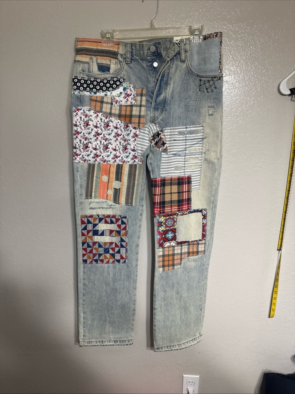 MNML Light Blue Straight Jeans with Multicolor Patchwork